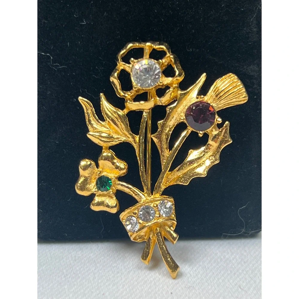 Vintage Gold Tone Floral Bouquet Brooch Thistle Shamrock Rose Rhinestone Pin